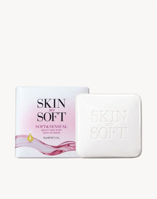 Skin So Soft Soft & Sensual Bar Soap packaging and bar, infused with argan oil for soft and smooth skin.